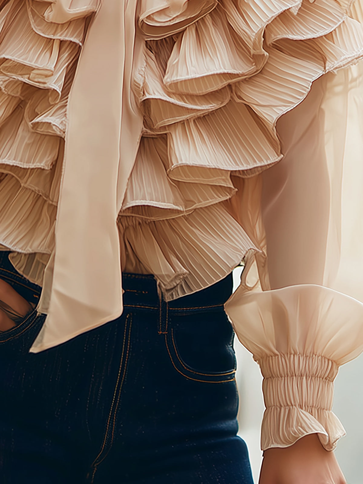 Fableyn Beige Ruffle Chiffon Blouse - Chic V-Neck Design