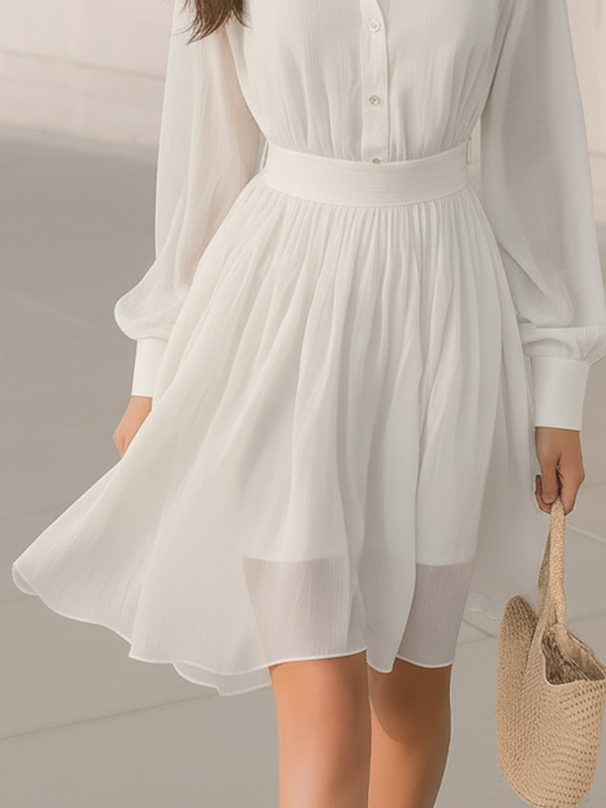 Fableyn White Chiffon Shirt Dress with Long Sleeves & Belted Waist