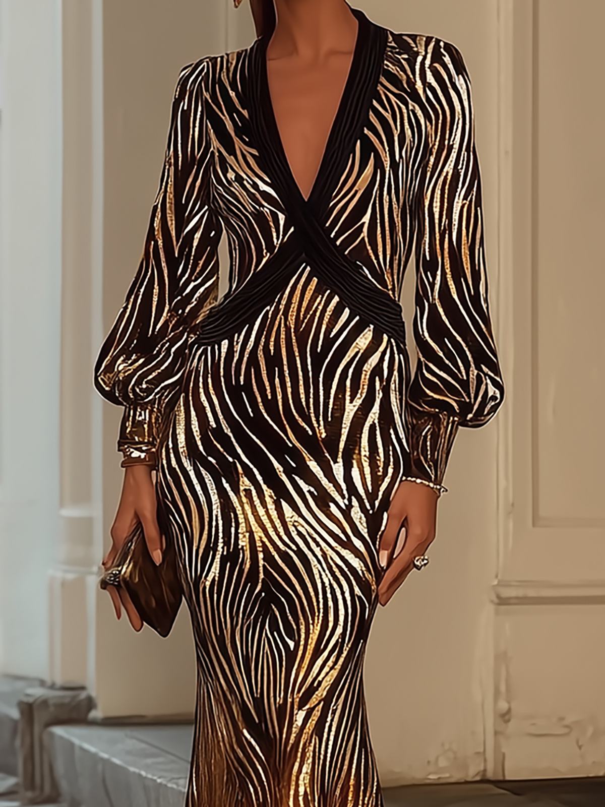 Fableyn Gold Zebra Print Maxi Dress Deep V-Neck Long Sleeve