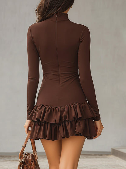 Fableyn Brown Turtleneck Bodycon Mini Dress with Ruffle Hem