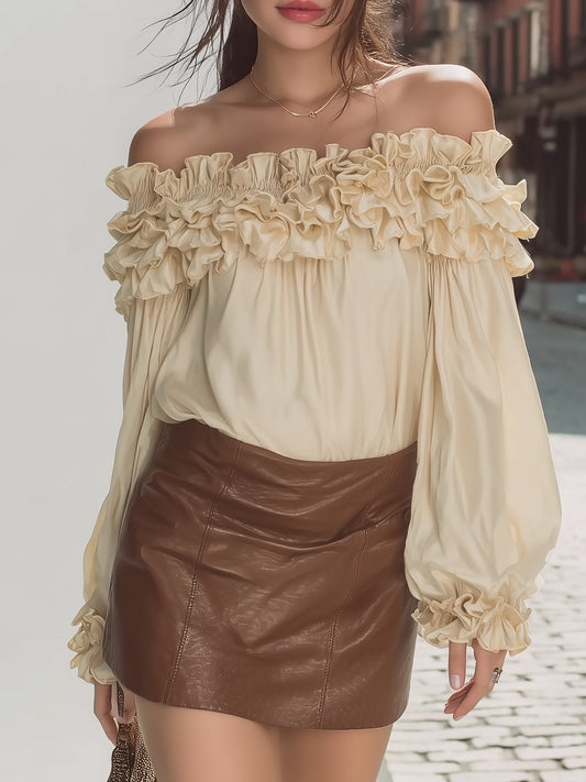Fableyn Vintage Off-Shoulder Satin Top - Ruffle Trim & Puff Sleeve