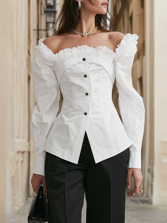 Fableyn Elegant White Off-Shoulder Blouse with Layered Ruffle Trim