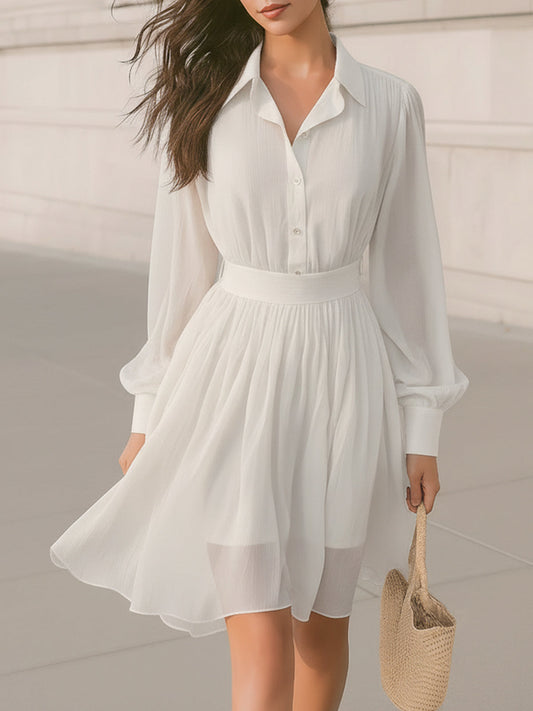 Fableyn White Chiffon Shirt Dress with Long Sleeves & Belted Waist