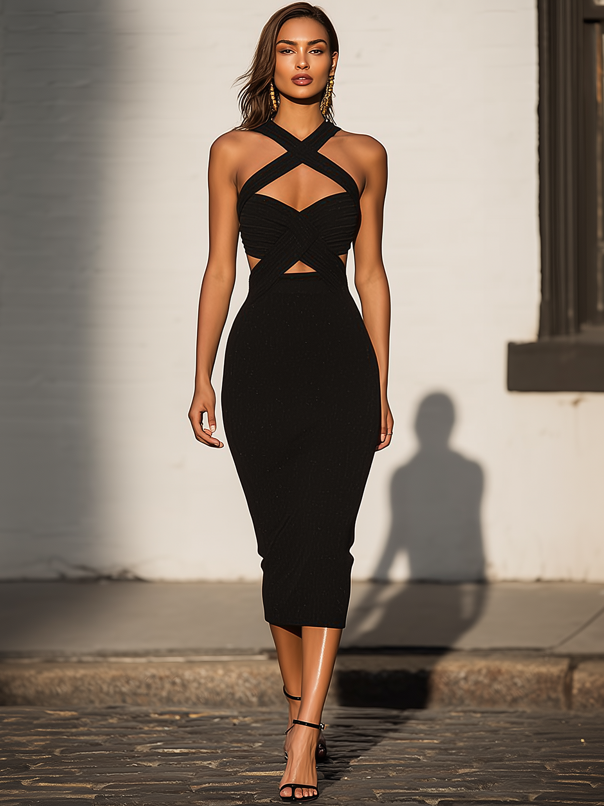 Fableyn Black Halter Midi Dress Crisscross Cutout Detail