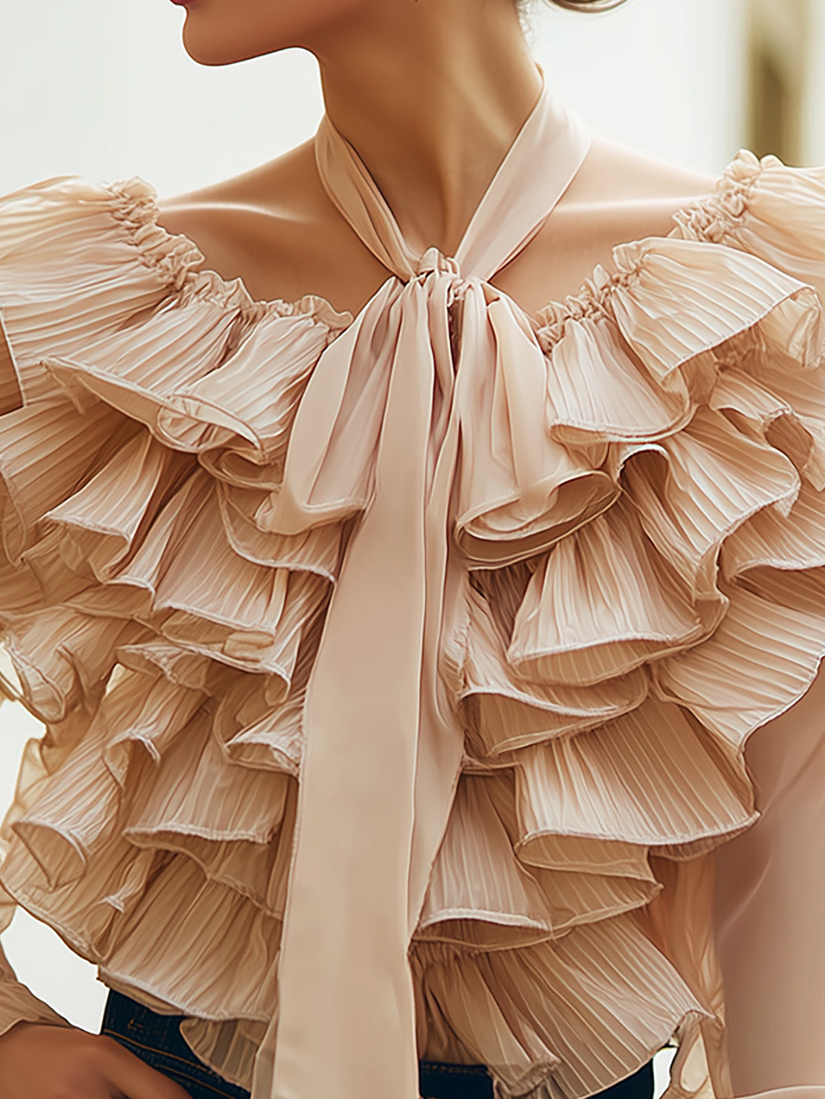 Fableyn Beige Ruffle Chiffon Blouse - Chic V-Neck Design