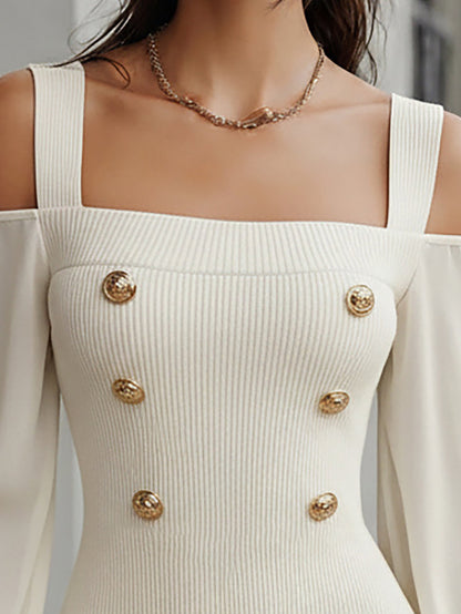 Fableyn Cream Knit Dress with Gold Buttons - Cold Shoulder Long Sleeve