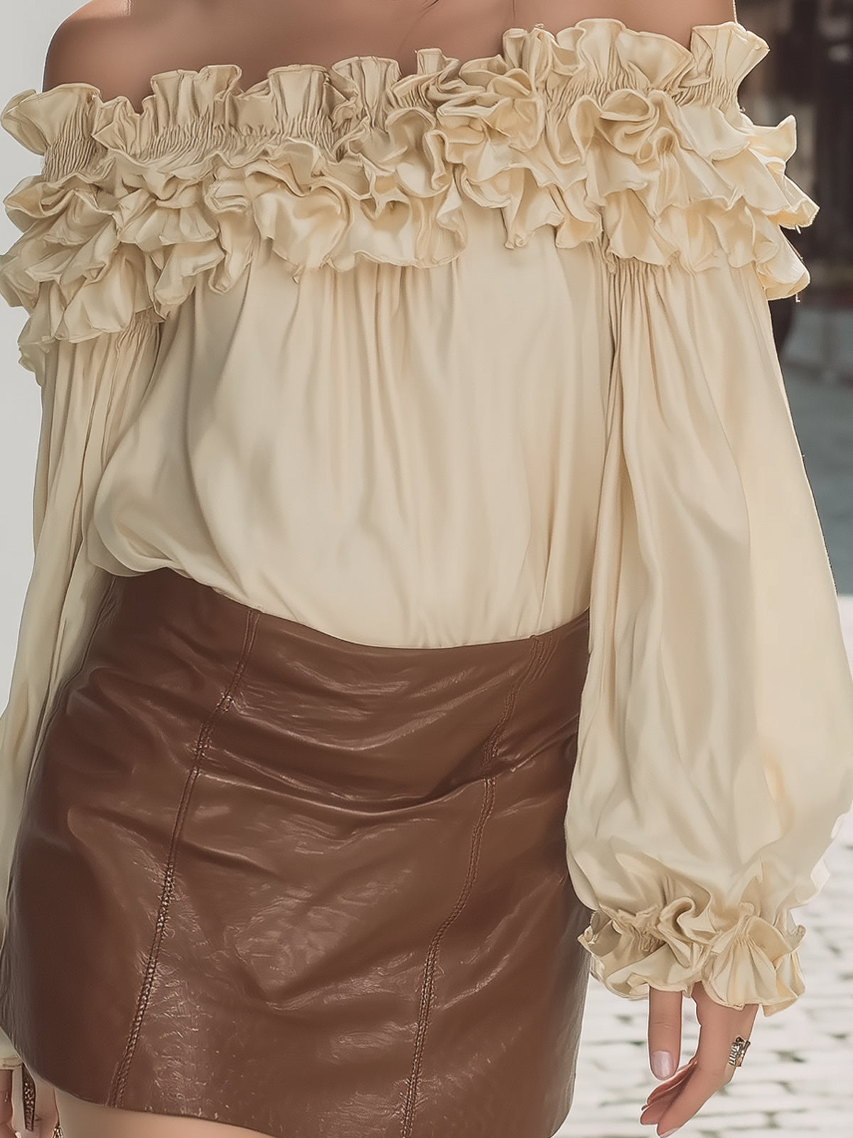 Fableyn Vintage Off-Shoulder Satin Top - Ruffle Trim & Puff Sleeve