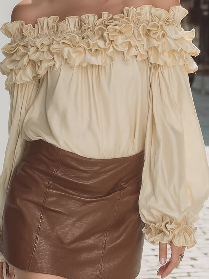 Fableyn Vintage Off-Shoulder Satin Top - Ruffle Trim & Puff Sleeve