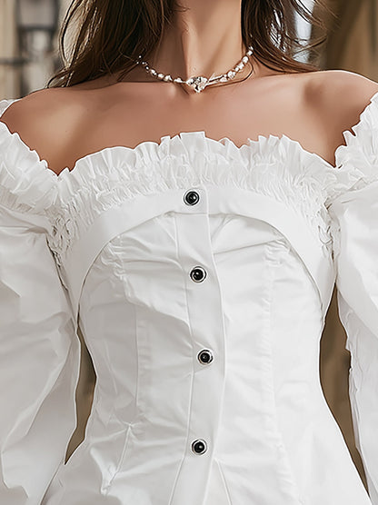 Fableyn Elegant White Off-Shoulder Blouse with Layered Ruffle Trim