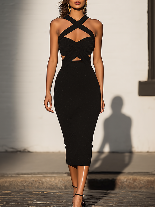 Fableyn Black Halter Midi Dress Crisscross Cutout Detail