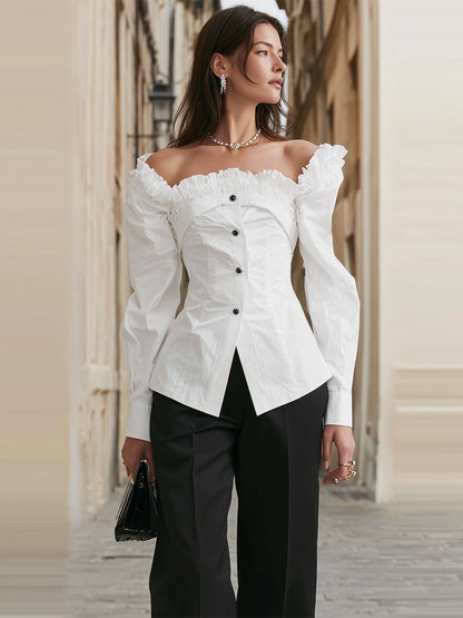 Fableyn Elegant White Off-Shoulder Blouse with Layered Ruffle Trim