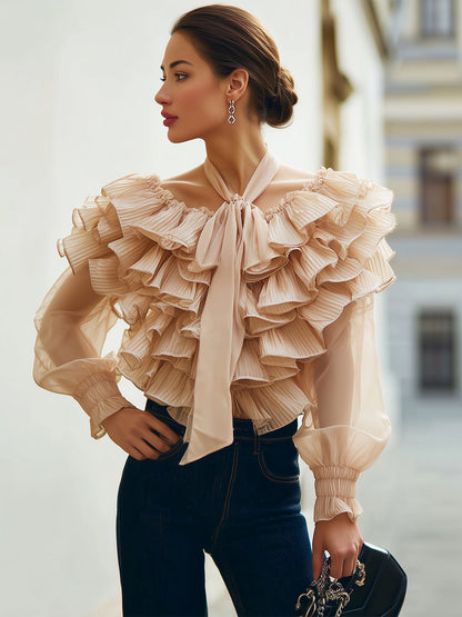 Fableyn Beige Ruffle Chiffon Blouse - Chic V-Neck Design