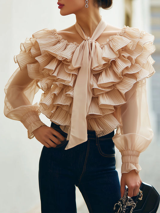 Fableyn Beige Ruffle Chiffon Blouse - Chic V-Neck Design