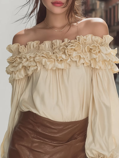 Fableyn Vintage Off-Shoulder Satin Top - Ruffle Trim & Puff Sleeve